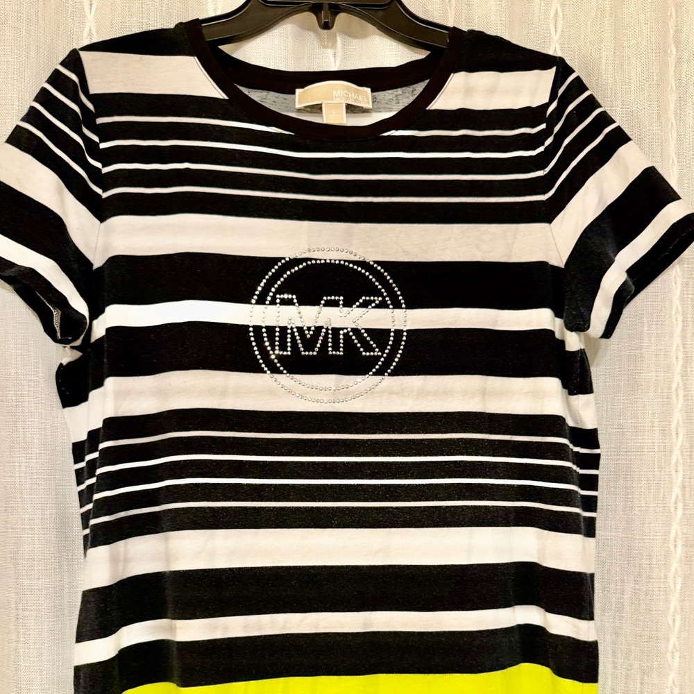 Michael Kors, embellished logo MK, black, white & yellow striped shirt. Sz. L